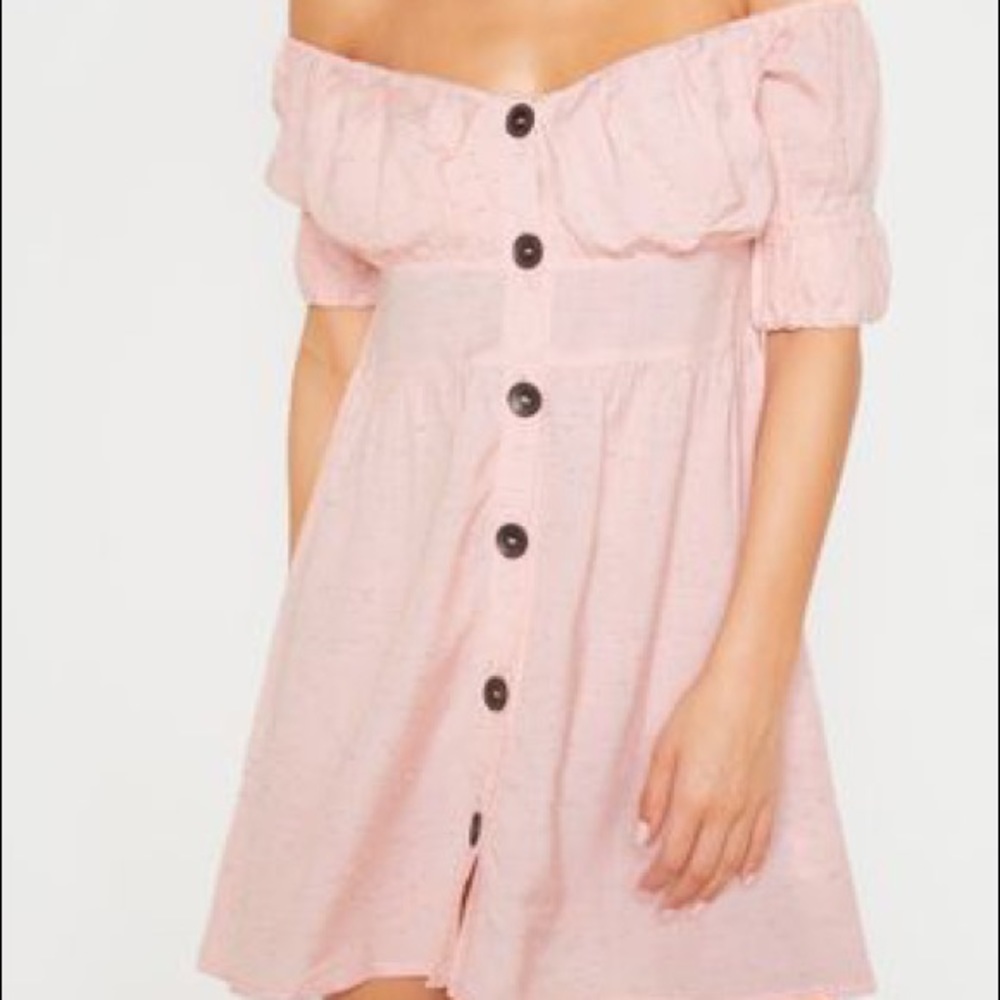 Pale Pink Button Through Bardot Shift Dress